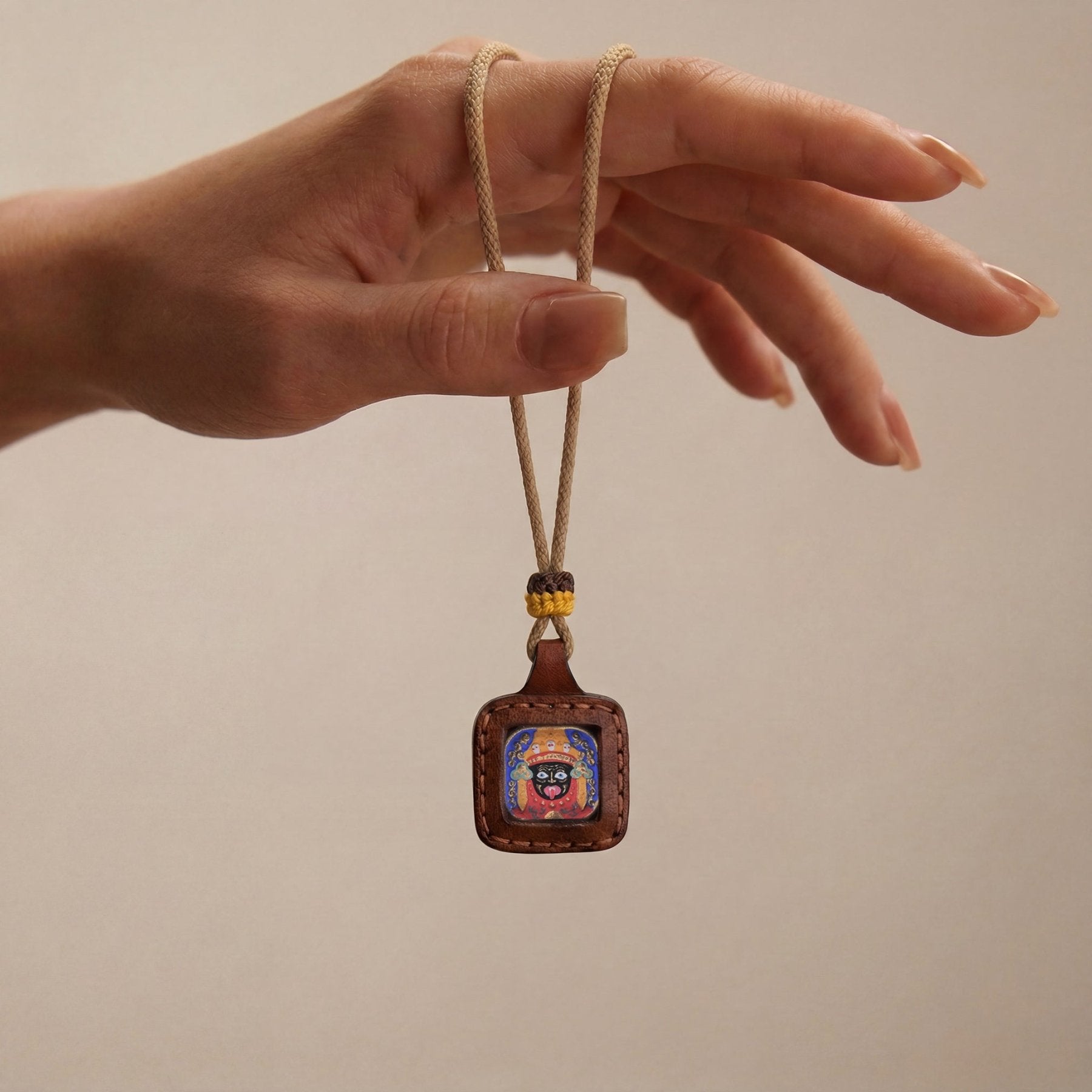 Hand - Painted Thangka Leather Amulet – Zaki Lhamo Well - Bing Guardian Necklace - TalisVibe