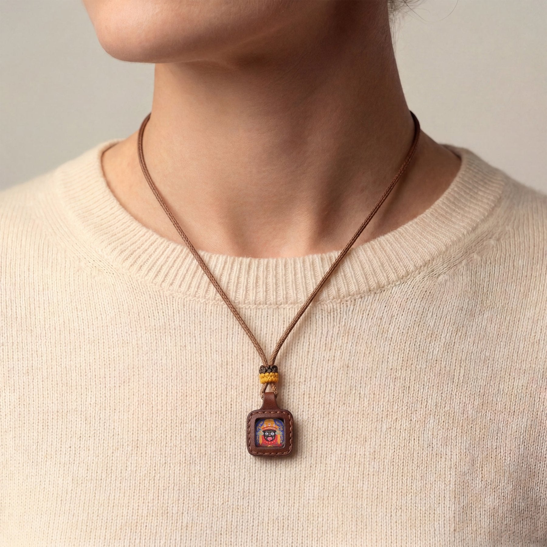 Hand - Painted Thangka Leather Amulet – Zaki Lhamo Well - Bing Guardian Necklace - TalisVibe