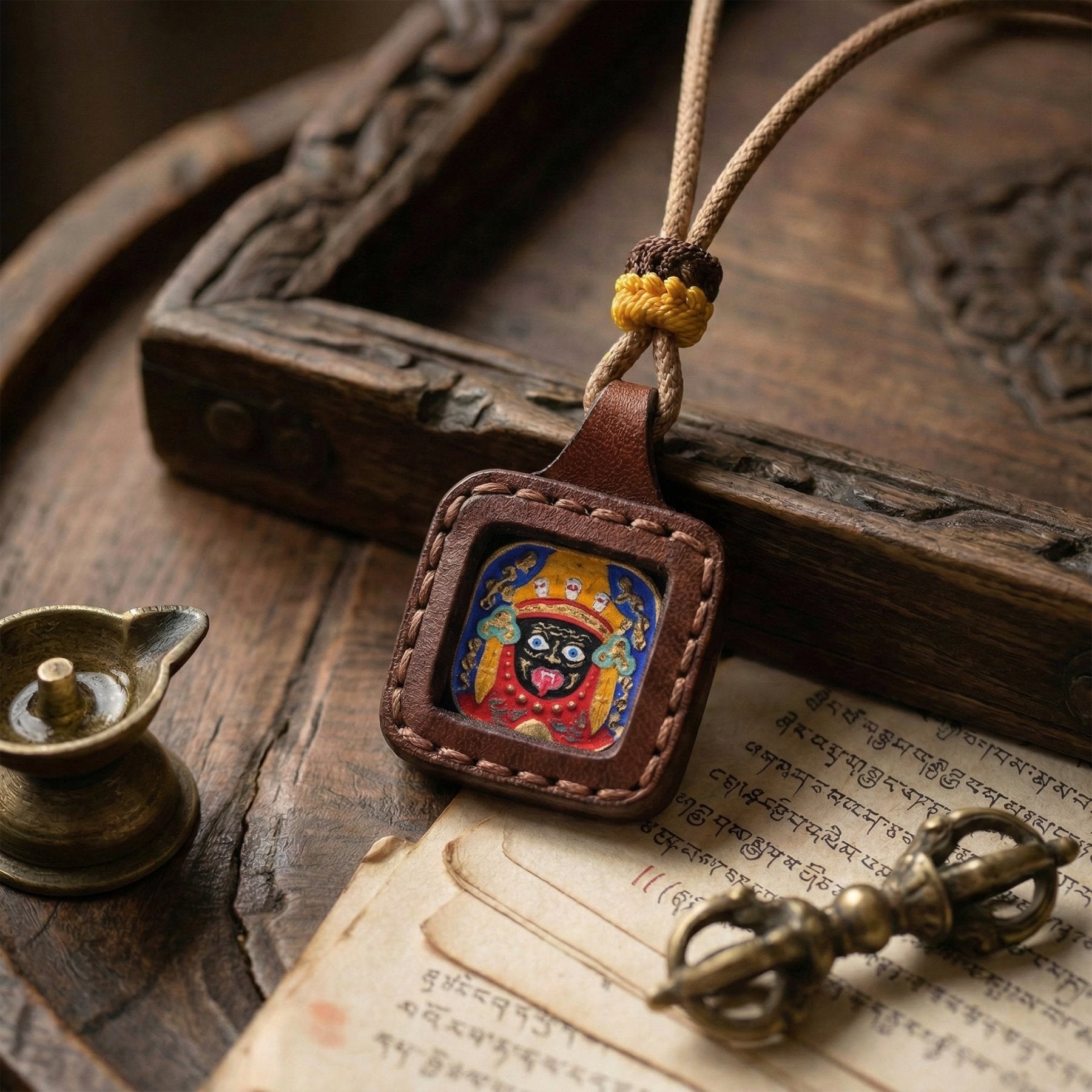 Hand - Painted Thangka Leather Amulet – Zaki Lhamo Well - Bing Guardian Necklace - TalisVibe
