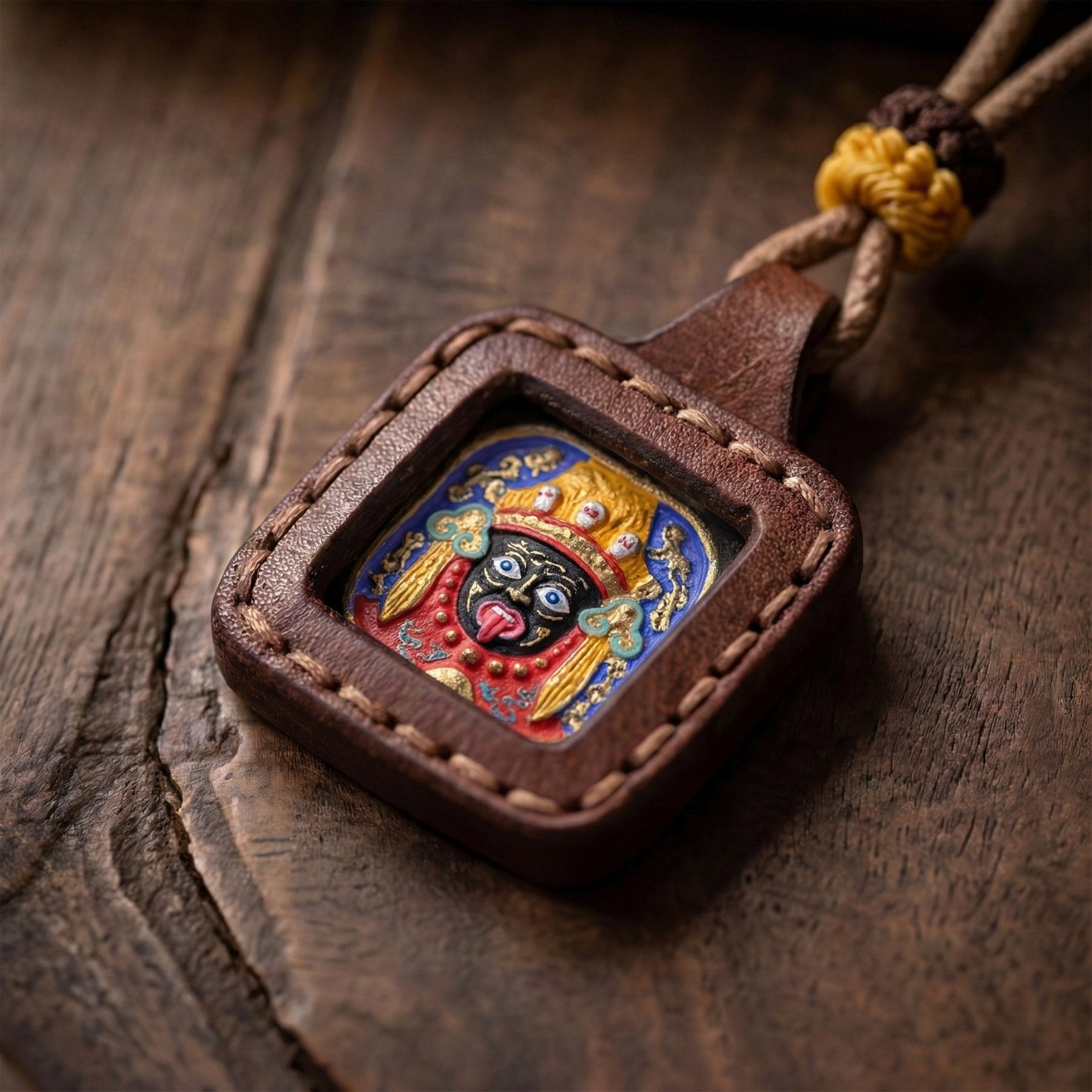 Hand - Painted Thangka Leather Amulet – Zaki Lhamo Well - Bing Guardian Necklace - TalisVibe