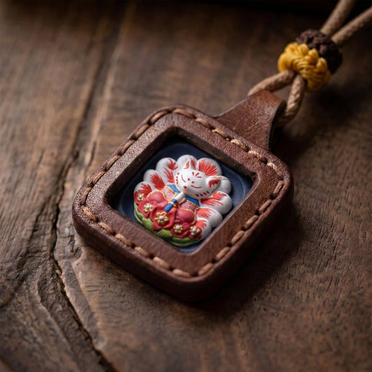 Hand - Painted Thangka Leather Amulet – Firefly Fox Spirit Guardian Necklace - TalisVibe
