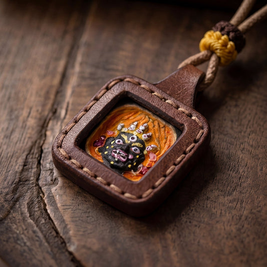 Hand - Painted Thangka Leather Amulet – Mahakala Protection Necklace - TalisVibe