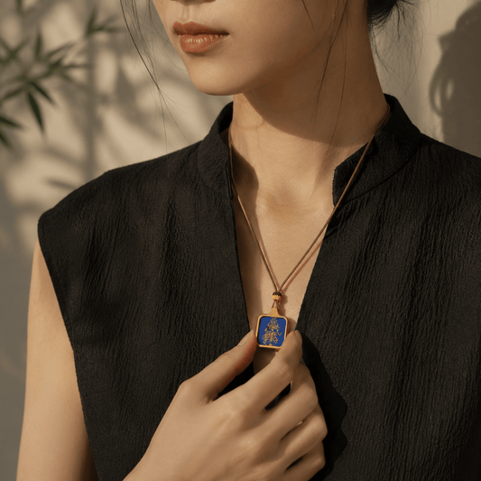 Guardian Sigil Square Necklace worn with black linen top